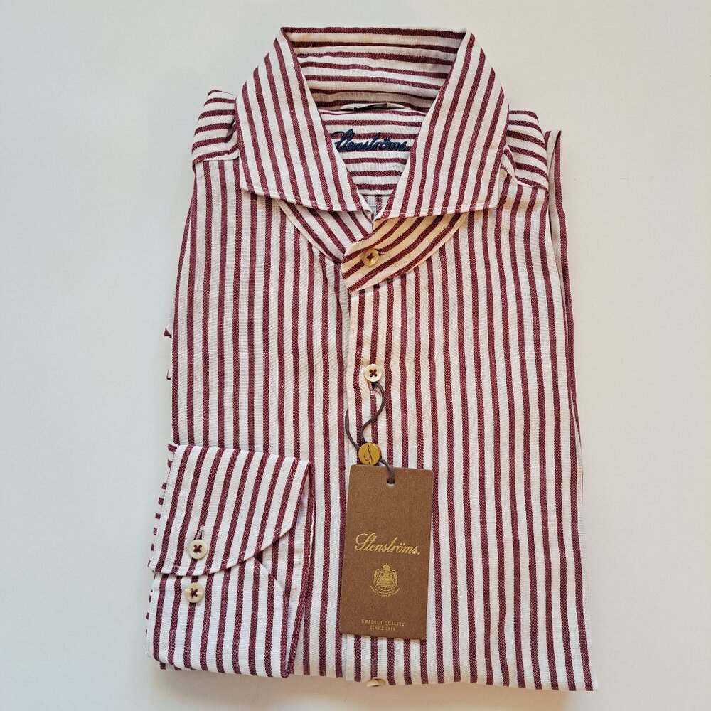 NEW Stenstroms Striped Red Button Down 100% Linen Dress Shirt Size L